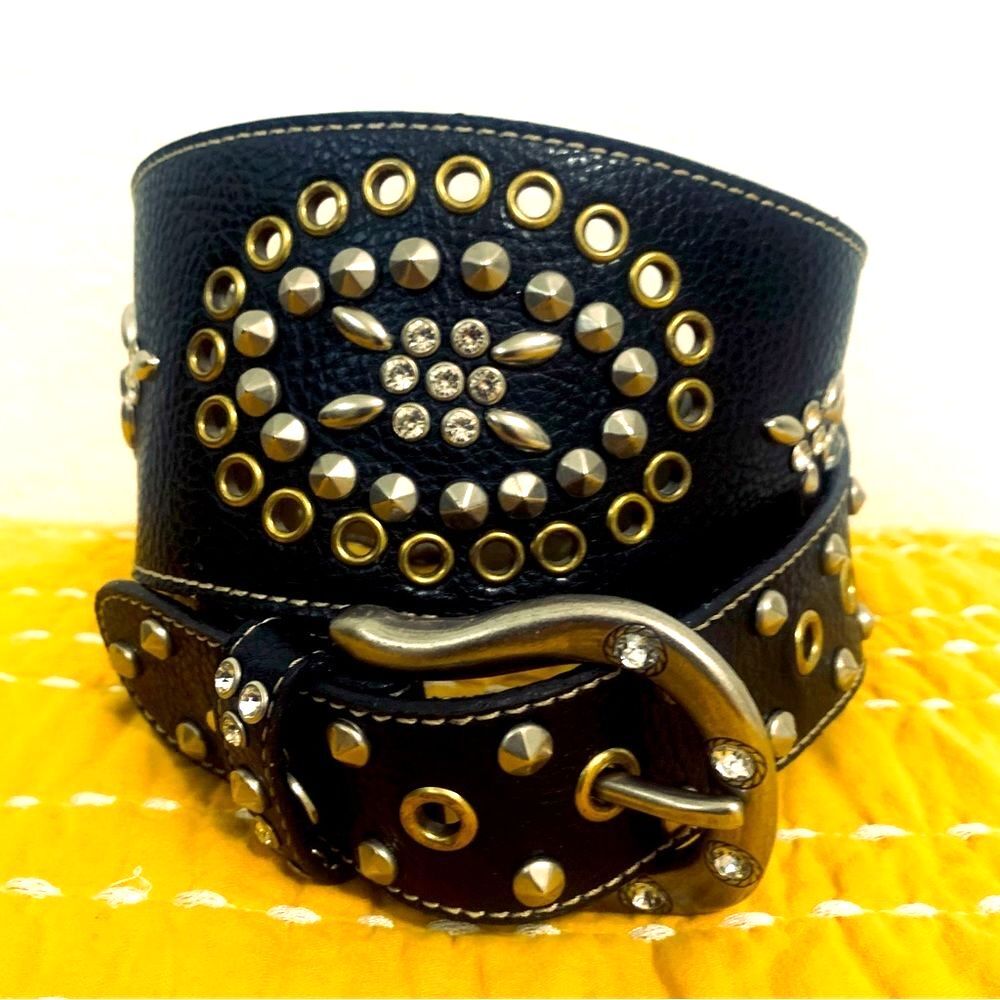 Kathy Van Zeeland Wide Black Studded Rhinestone Belt Western Biker